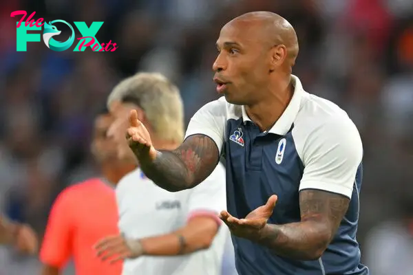 France's coach Thierry Henry gestures during the men's group A football match between France and the USA as part of the Paris 2024 Olympic Games at the Marseille Stadium in Marseille on July 24, 2024. (Photo by NICOLAS TUCAT / AFP)