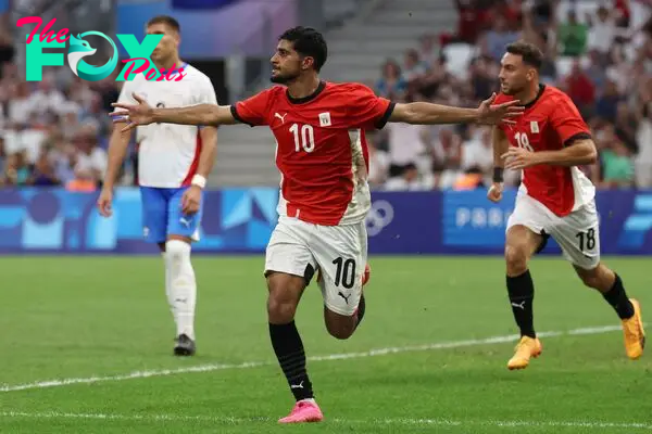 Egypt's midfielder #10 Ibrahim Adel celebrates scoring the equalizing goal in the men's quarter-final football match between Egypt and Paraguay during the Paris 2024 Olympic Games at the Marseille Stadium in Marseille on August 2, 2024. (Photo by Pascal GUYOT / AFP)