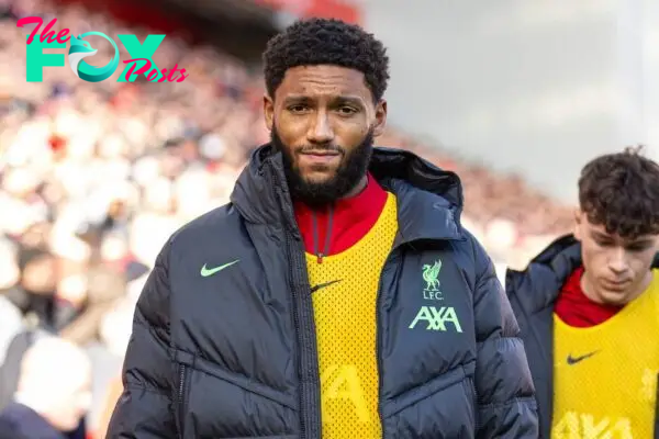 LIVERPOOL, ENGLAND - Sunday, October 29, 2023: Liverpool's substitute Joe Gomez before the FA Premier League match between Liverpool FC and Nottingham Forest FC at Anfield. Liverpool won 3-0. (Photo by David Rawcliffe/Propaganda)