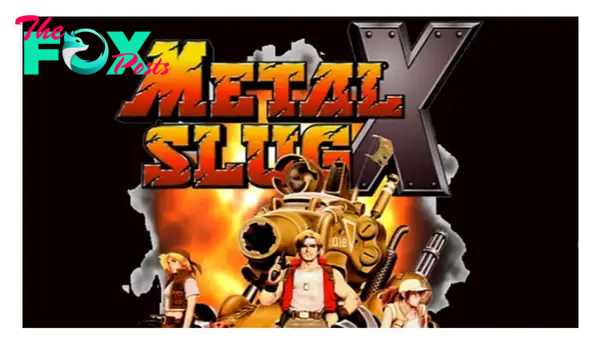 A black poster for the Metal Slug X title. Showing the multiple military-attire clad members of the group, with the Metal Slug tank parked behind them. 