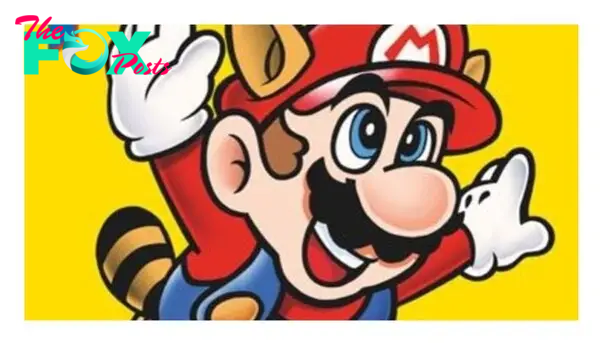 A poster for Super Mario Bros. 3.   Showing Mario, having been powered up by the Tanooki leaf, flying through the air. 