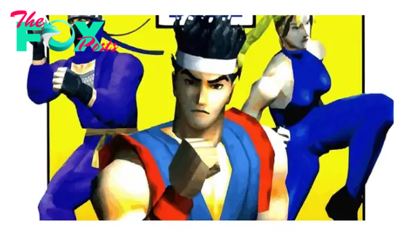 A white poster for Virtua Fighter, showing off three character models from the game - a ninja, a martial artist, and a gymnastic character. 