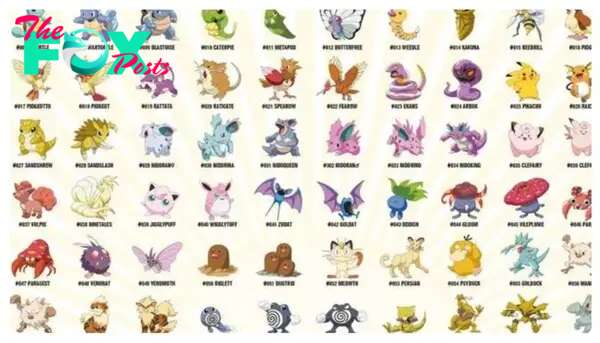 A poster for the Pokemon series of games.  Showing the first few monsters in the 151 original selection of Pokemon from the first generation of games. 