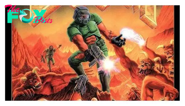 A poster for the original DOOM title.  Showing Don Ivan Punchatz's original cover art of the game, with Doomguy shooting at an ever-growing horde of hellish creatures.