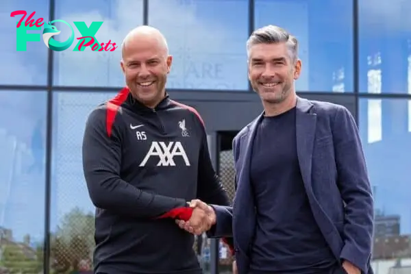 KIRKBY, ENGLAND - Friday, July 5, 2024: Liverpool's new head coach Arne Slott (L) and Sporting Director Richard Hughes are presented at a photo call at the club's AXA Training Centre. (Photo by David Rawcliffe/Propaganda)