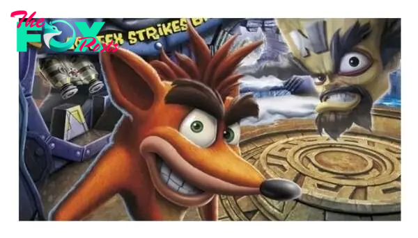 A modern reinterpretation of the classic Crash Bandicoot 2: Cortex Strikes Back cover art.   Crash Bandicoot looks slyly towards the viewer. 