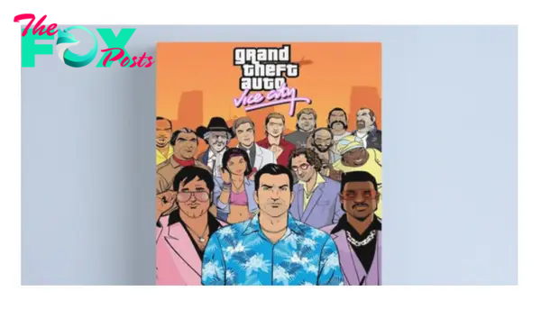 An oragne poster for Grand Theft Auto: Vice City. Showing off Stephen Bliss' illustrations of the cast of characters. all standing together.