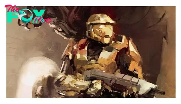 A poster for Halo 3.  Showing Ashley Wood's painted artwork of the Master Chief and the Arbiter, which was used in a poster, bundled in with copies of the game.