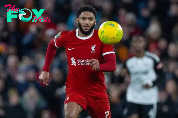 LIVERPOOL, ENGLAND - Wednesday, January 10, 2024: Liverpool's Joe Gomez during the Football League Cup Semi-Final 1st Leg match between Liverpool FC and Fulham FC at Anfield. (Photo by David Rawcliffe/Propaganda)