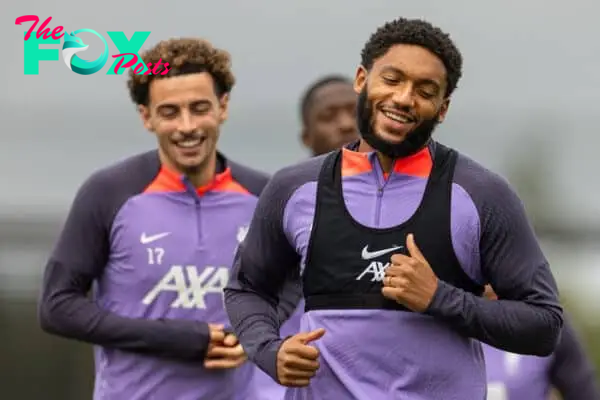 LIVERPOOL, ENGLAND - Wednesday, October 4, 2023: Liverpool's Joe Gomez during a training session at the AXA Training Centre ahead of the UEFA Europa League Group E match between Liverpool FC and Union SG. (Pic by David Rawcliffe/Propaganda)