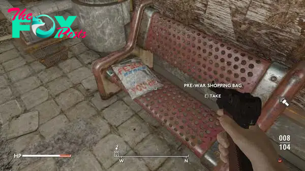 The player looks at a Fesco shopping bag on a bench in Fallout 4 mod, Fallout London