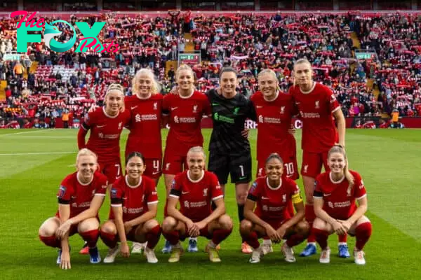 LIVERPOOL, ENGLAND - Sunday, October 15, 2023: Liverpool players line-up for a team group photograph before the FA Women’s Super League game between Liverpool FC Women and Everton FC Women at Anfield. (Pic by Paul Greenwood/Propaganda)