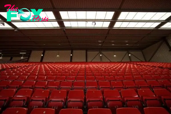 LIVERPOOL, ENGLAND - Sunday, March 31, 2019: Red seats illuminated by the skylights in the roof of the Spion Kop before the FA Premier League match between Liverpool FC and Tottenham Hotspur FC at Anfield. (Pic by David Rawcliffe/Propaganda)