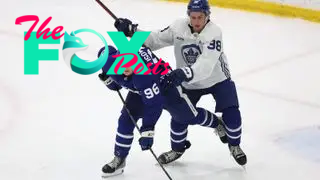 The Toronto Maple Leafs first round draft pick in the 2024 NHL player entry draft checks Brandon Lisowsky as the Toronto Maple Leafs host their 2024 development camp at Ford Performance Centre in Toronto.