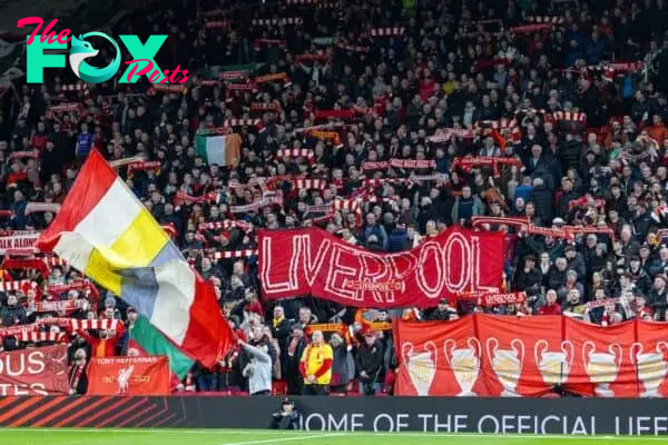 LIVERPOOL, ENGLAND - Thursday, March 14, 2024: Liverpool supporters on the Spion Kop during the UEFA Europa League Round of 16 2nd Leg match between Liverpool FC and AC Sparta Praha at Anfield. Liverpool won 6-1, 11-2 on aggregate. (Photo by David Rawcliffe/Propaganda)