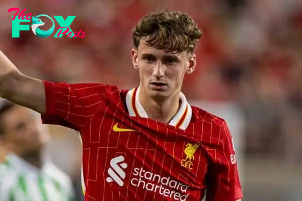 PITTSBURGH - Friday, July 26, 2024: Liverpool's Tyler Morton during a pre-season friendly match between Liverpool and Real Betis Balompié at the Acrisure Stadium on day three of the club's pre-season tour of the USA. Liverpool won 1-0. (Photo by David Rawcliffe/Propaganda)