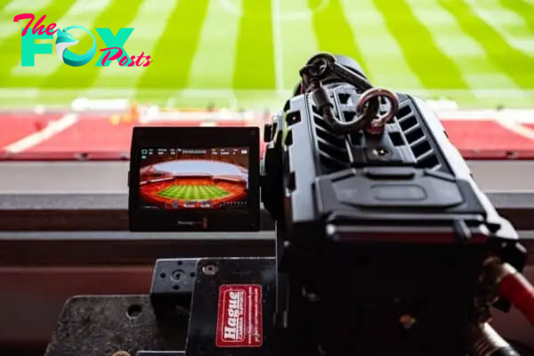 LIVERPOOL, ENGLAND - Saturday, May 6, 2023: Television cameras before the FA Premier League match between Liverpool FC and Brentford FC at Anfield. General. TV. (Pic by David Rawcliffe/Propaganda)