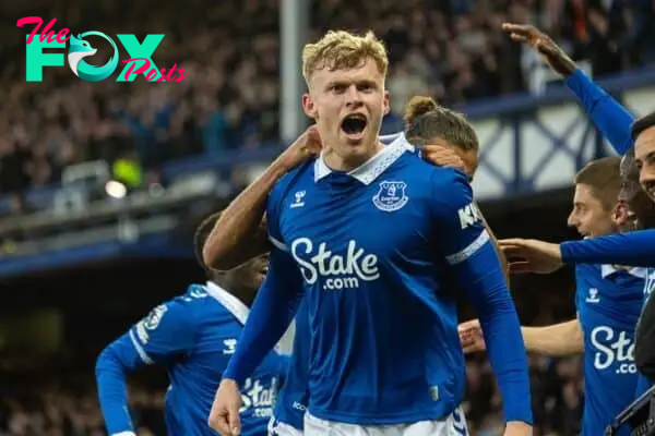 LIVERPOOL, ENGLAND - Wednesday, April 24, 2024: Everton's Jarrad Branthwaite celebrates after scoring the opening goal during the FA Premier League match between Everton FC and Liverpool FC, the 244th Merseyside Derby, at Goodison Park. Everton won 2-0. (Photo by David Rawcliffe/Propaganda)