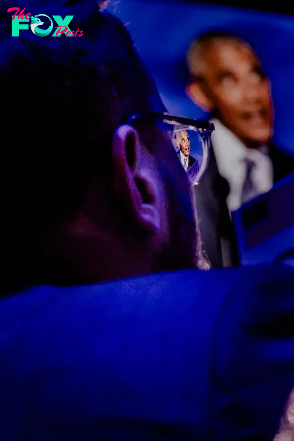 Former President Obama seen through the glasses of an attendee at the DNC.