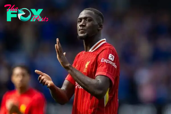 IPSWICH, ENGLAND - Saturday, August 17, 2024: Liverpool's Ibrahima Konaté applauds the supporters after the FA Premier League match between Ipswich Town FC and Liverpool FC at Portman Road. Liverpool won 2-0. (Photo by David Rawcliffe/Propaganda)