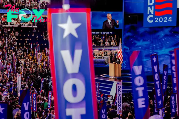 Former President Barack Obama speaks at the Democratic National Conventions in Chicago on Aug. 21, 2024.