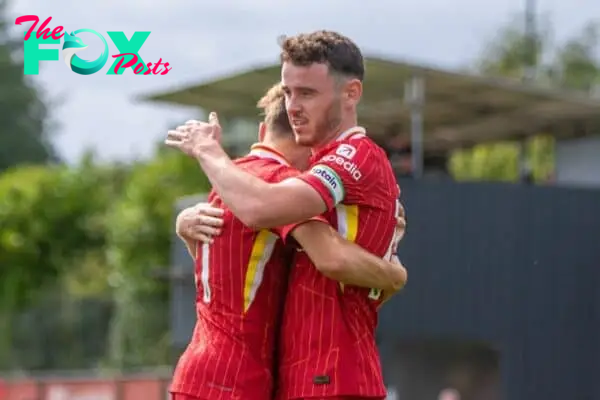 KIRKBY, ENGLAND - Saturday, August 17, 2024: Liverpool's Thomas Hill celebrating the goal during the Premier League 2 Division 1 match between Liverpool FC Under-21's and Manchester City FC Under-21's at the Liverpool Academy. (Photo by Jayde Chamberlain/Propaganda)