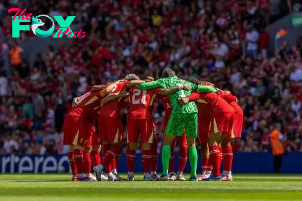 LIVERPOOL, ENGLAND - Sunday, August 11, 2024: Liverpool players line-up for a team group photograph before a pre-season friendly match between Liverpool FC and Sevilla FC at Anfield. (Photo by David Rawcliffe/Propaganda)