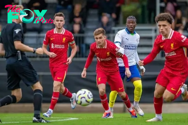 KIRKBY, ENGLAND - Wednesday, August 21, 2024: Liverpool's James Norris and Thomas Hill during the Premier League International Cup Group C match between Liverpool FC Under-21's and PSV Eindhoven's Under-21's at the Liverpool Academy. (Photo by Jayde Chamberlain/Propaganda)