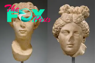 On the left panel, a statue head with a smooth rounded shape at the base of the neck. On the right panel, a statue head with a jagged break in the middle of the neck.