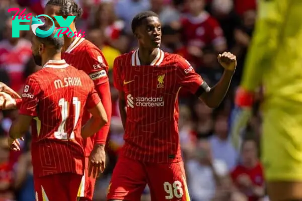 LIVERPOOL, ENGLAND - Sunday, August 11, 2024: Liverpool's Trey Nyoni celebrates after scoring the fourth goal during a pre-season friendly match between Liverpool FC and Sevilla FC at Anfield. (Photo by David Rawcliffe/Propaganda)