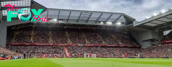 LIVERPOOL, ENGLAND - Sunday, August 25, 2024: A fully open Anfield Road stand helped set a new record League attendance at Anfield with 60,107 supporters during the FA Premier League match between Liverpool FC and Brentford FC at Anfield. Liverpool won 2-0. (Photo by David Rawcliffe/Propaganda) This image is a digital composite of several images.