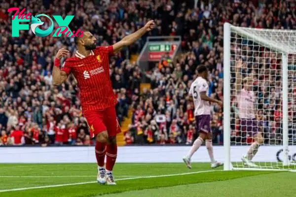 LIVERPOOL, ENGLAND - Sunday, August 25, 2024: Liverpool's Mohamed Salah celebrates after scoring the second goal during the FA Premier League match between Liverpool FC and Brentford FC at Anfield. (Photo by David Rawcliffe/Propaganda)