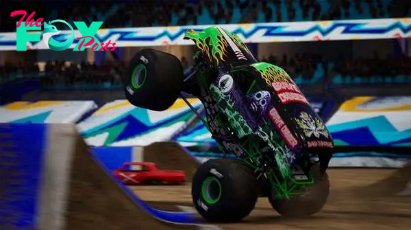 Grave Digger doing a wheelie in Monster Jam Showdown.