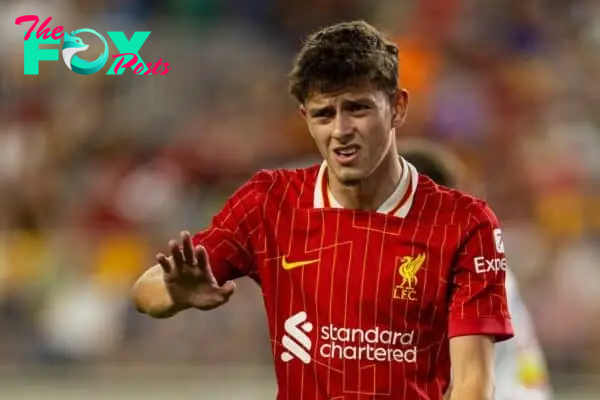 PITTSBURGH - Friday, July 26, 2024: Liverpool's Owen Beck during a pre-season friendly match between Liverpool and Real Betis Balompié at the Acrisure Stadium on day three of the club's pre-season tour of the USA. Liverpool won 1-0. (Photo by David Rawcliffe/Propaganda)