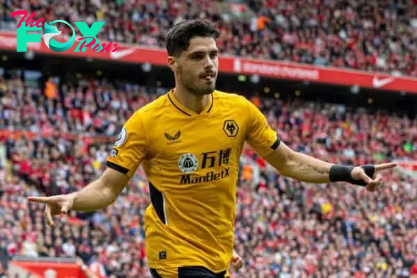 LIVERPOOL, ENGLAND - Sunday, May 22, 2022: Wolverhampton Wanderers' Pedro Neto celebrates after scoring the first goal during the FA Premier League match between Liverpool FC and Wolverhampton Wanderers FC at Anfield. (Pic by David Rawcliffe/Propaganda)