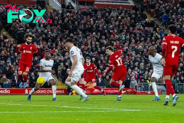 LIVERPOOL, ENGLAND - Wednesday, December 20, 2023: Liverpool's Curtis Jones scores the fifth goal during the Football League Cup Quarter-Final match between Liverpool FC and West Ham United FC at Anfield. (Photo by David Rawcliffe/Propaganda)