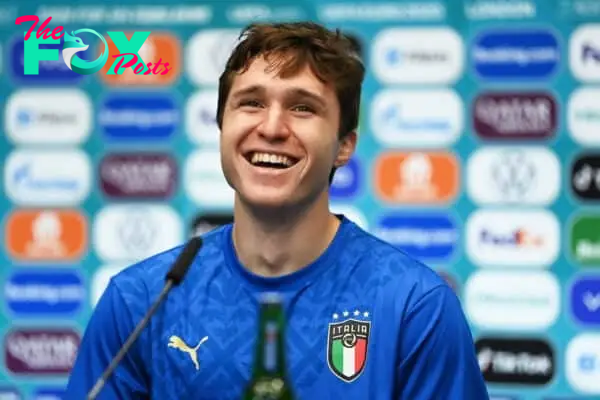 LONDON, ENGLAND - JULY 06: In this handout picture provided by UEFA, Federico Chiesa of Italy speaks to the media during the Italy Press Conference after the UEFA Euro 2020 Championship Semi-final match between Italy and Spain at Wembley Stadium on July 06, 2021 in London, England. (Photo by UEFA)