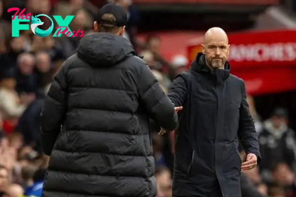 MANCHESTER, ENGLAND - Sunday, April 7, 2024: Manchester United's manager Erik ten Hag (R) shakes hands withLiverpool's manager Jürgen Klopp after the FA Premier League match between Manchester United FC and Liverpool FC at Old Trafford. The game ended in a 2-2 draw. (Photo by David Rawcliffe/Propaganda)