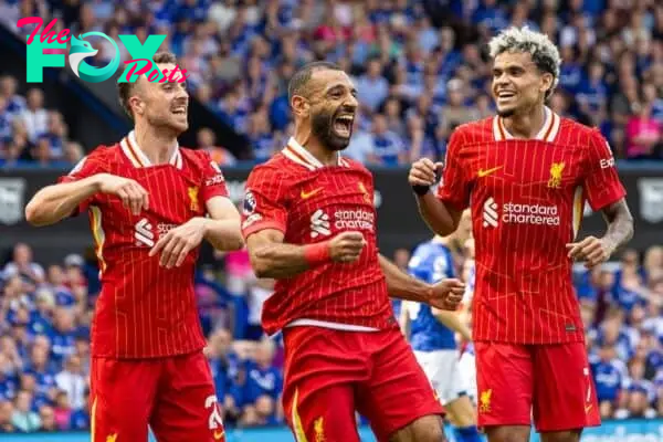 IPSWICH, ENGLAND - Saturday, August 17, 2024: Liverpool's Mohamed Salah celebrates after scoring the second goal during the FA Premier League match between Ipswich Town FC and Liverpool FC at Portman Road. (Photo by David Rawcliffe/Propaganda)