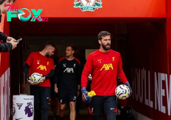 LIVERPOOL, ENGLAND - Sunday, August 25, 2024: Liverpool's goalkeeper Alisson Becker walks out before the warm-up during the FA Premier League match between Liverpool FC and Brentford FC at Anfield. Liverpool won 2-0. (Photo by David Rawcliffe/Propaganda)