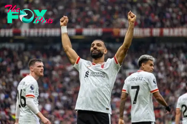 MANCHESTER, ENGLAND - Sunday, September 1, 2024: Liverpool's Mohamed Salah celebrates after scoring the third goal during the FA Premier League match between Manchester United FC and Liverpool FC at Old Trafford. (Photo by David Rawcliffe/Propaganda)