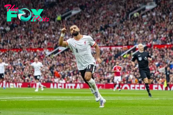 MANCHESTER, ENGLAND - Sunday, September 1, 2024: Liverpool's Mohamed Salah celebrates after scoring the third goal during the FA Premier League match between Manchester United FC and Liverpool FC at Old Trafford. (Photo by David Rawcliffe/Propaganda)