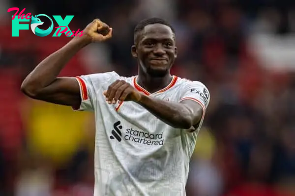 MANCHESTER, ENGLAND - Sunday, September 1, 2024: Liverpool's Ibrahima Konaté celebrates after the FA Premier League match between Manchester United FC and Liverpool FC at Old Trafford. Liverpool won 3-0. (Photo by David Rawcliffe/Propaganda)