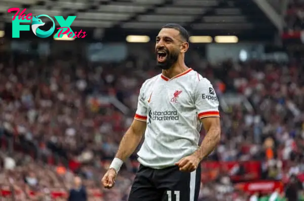 MANCHESTER, ENGLAND - Sunday, September 1, 2024: Liverpool's Mohamed Salah celebrates after scoring the third goal during the FA Premier League match between Manchester United FC and Liverpool FC at Old Trafford. (Photo by David Rawcliffe/Propaganda)