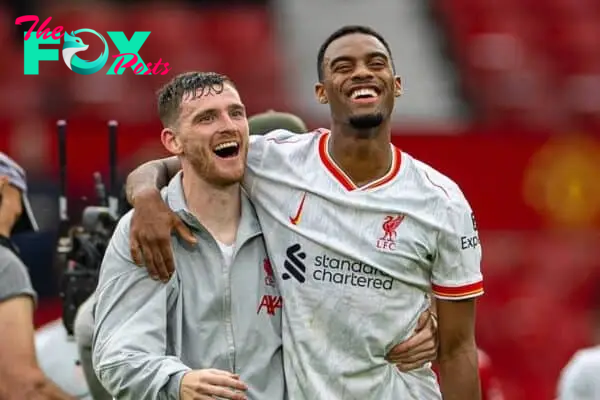 MANCHESTER, ENGLAND - Sunday, September 1, 2024: Liverpool's Andy Robertson (L) and Ryan Gravenberch celebrates after the FA Premier League match between Manchester United FC and Liverpool FC at Old Trafford. Liverpool won 3-0. (Photo by David Rawcliffe/Propaganda)