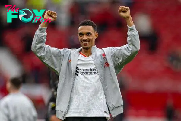 MANCHESTER, ENGLAND - Sunday, September 1, 2024: Liverpool's Trent Alexander-Arnold celebrates after the FA Premier League match between Manchester United FC and Liverpool FC at Old Trafford. Liverpool won 3-0. (Photo by David Rawcliffe/Propaganda)