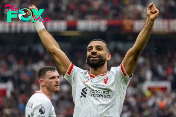 MANCHESTER, ENGLAND - Sunday, September 1, 2024: Liverpool's Mohamed Salah celebrates after scoring the third goal during the FA Premier League match between Manchester United FC and Liverpool FC at Old Trafford. (Photo by David Rawcliffe/Propaganda)