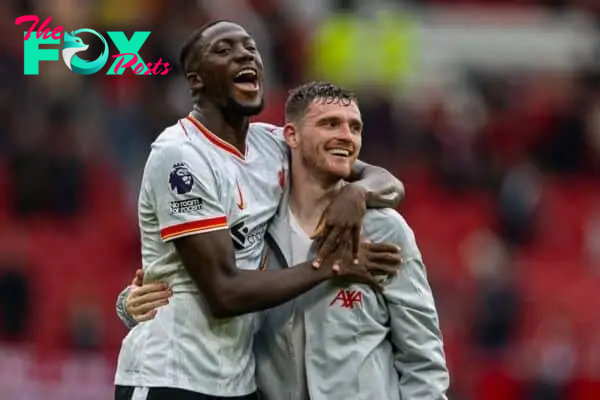 MANCHESTER, ENGLAND - Sunday, September 1, 2024: Liverpool's Ibrahima Konaté (L) and Andy Robertson celebrate after the FA Premier League match between Manchester United FC and Liverpool FC at Old Trafford. Liverpool won 3-0. (Photo by David Rawcliffe/Propaganda)