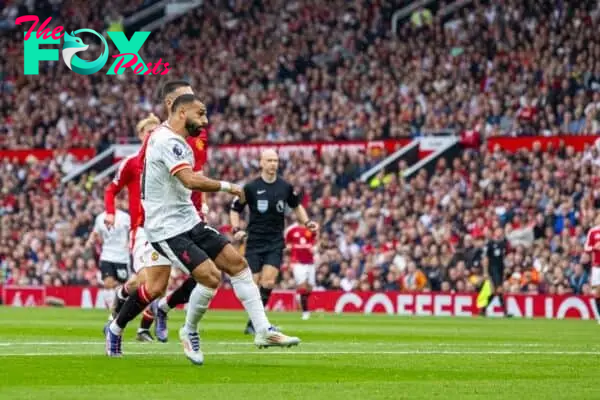 MANCHESTER, ENGLAND - Sunday, September 1, 2024: Liverpool's Mohamed Salah scores the third goal during the FA Premier League match between Manchester United FC and Liverpool FC at Old Trafford. (Photo by David Rawcliffe/Propaganda)