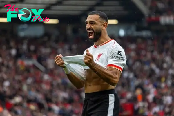 MANCHESTER, ENGLAND - Sunday, September 1, 2024: Liverpool's Mohamed Salah celebrates after scoring the third goal during the FA Premier League match between Manchester United FC and Liverpool FC at Old Trafford. (Photo by David Rawcliffe/Propaganda)